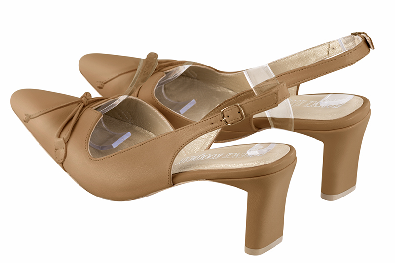 Camel beige women's open back shoes, with a knot. Tapered toe. Medium comma heels. Rear view - Florence KOOIJMAN